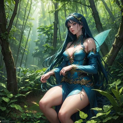 an incredibly gorgeous fairy girl, thick thighs, long eyelashes, detailed face, beautiful blue eyes, lush green forest background, sunlight streaming through trees, highly detailed, cinematic lighting, fantasy, digital painting, intricate details, vibrant ...