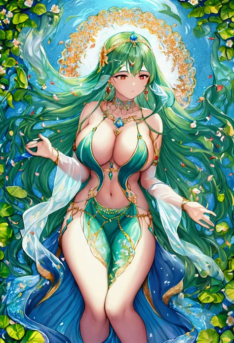 A graceful floating water goddess Suggested details Indian-like style A graceful floating water goddess, her delicate figure is surrounded by a tranquil garden of ethereal water flowers. These flower petals convey many emotions, moving gently with the wind...