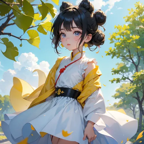 A chibi child girl had a small face and Wearing white little Taoist priests outfit, A pair of big round eyes shone with curiosity about him, This child was so cute, her hair is black with two buns on her hair, Yellow ginkgo leaves stand on both sides of th...