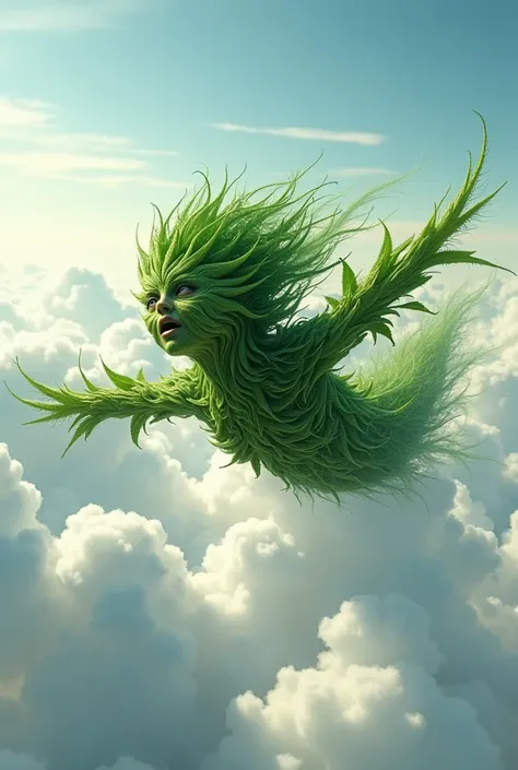 A character based on cannabis leaf, lively, alive, in a small plane flying among the clouds, CR