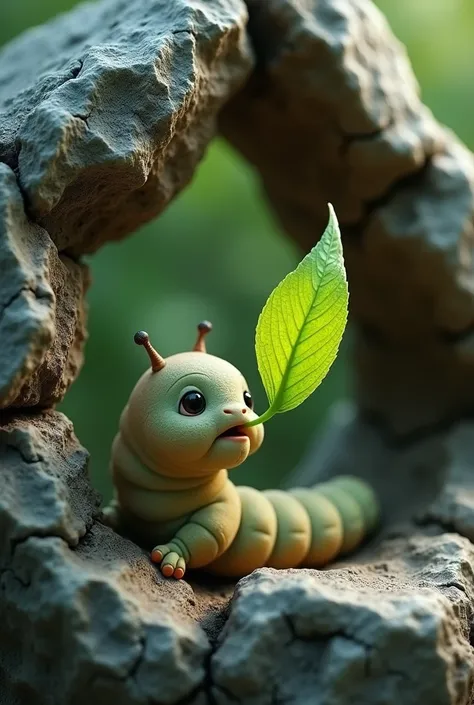 a caterpillar inside a broken rock is eating a green leaf at the tip of its mouth