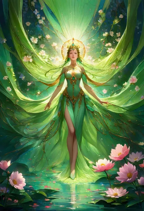 A graceful floating water goddess Suggested details Indian-like style A graceful floating water goddess, her delicate figure is surrounded by a tranquil garden of ethereal water flowers. These flower petals convey many emotions, moving gently with the wind...