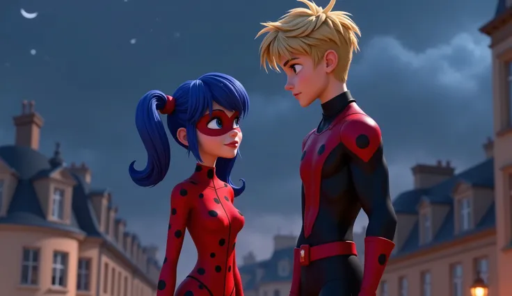 Ladybug (Marinette),20-years-old teenage girl,blue_hair_color, pigtails_hairstyle,blue_eyes,wearing her red and black-spotted superhero suit,in paris city,The rooftops around her should be typical Parisian buildings,night sky,full body, she with Depict Cat...