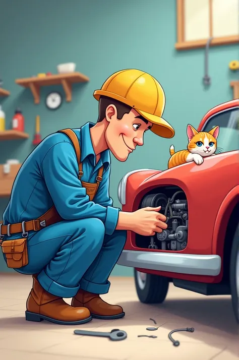 Logo of electrician fixing a car cartoon
