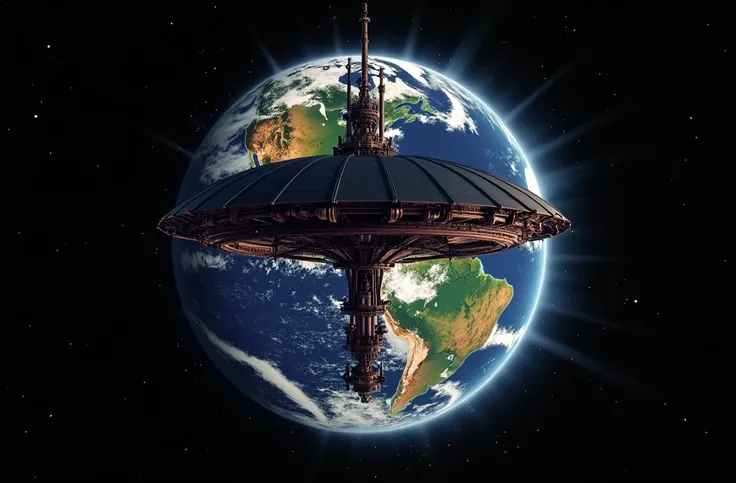 A steampunk design of a cosmic giant umbrella-shaped satellite larger than the radius of the Earth is blocking sunlight and causing a solar eclipse on the Earth. Dynamic global warming countermeasures, giant parasol, realistic sci-fi movie style.