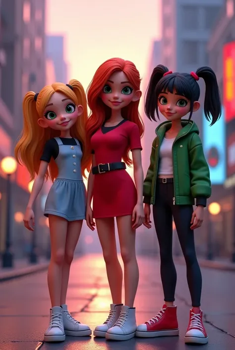 Three realistic girls, inspired by the Powerpuff Girls, standing together in a modern city at dusk. Blossom, with long, wavy red hair, wearing a stylish red outfit with black accents. She has a confident expression and is leading the group. Bubbles, with b...