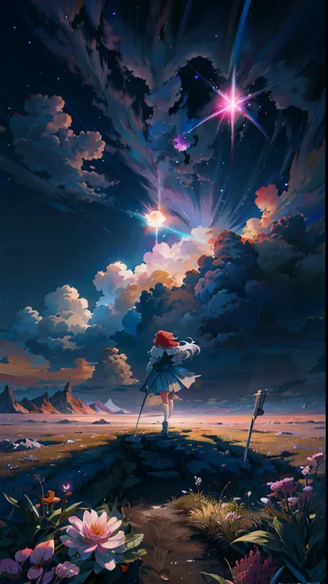 anime girl standing on mountain looking at the stars, dreamlike digital painting, inspired by cyril rolando, makoto shinkai cyri...