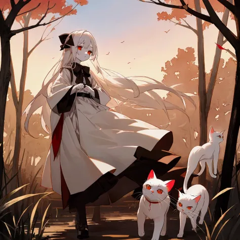 evening，A young girl，White long hair，Red pupil，White Gothic Skirt，Very white skin。She is holding a white cat doll，Walking on a deserted country road。She looked at the sky at dusk。