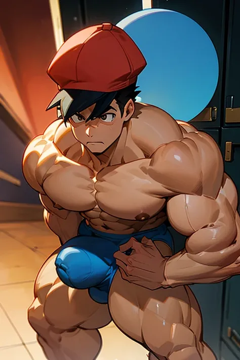 Ash Ketchum from Pokémon anime as a big dumb muscular bodybuilder jock in a locker room flexing and staring blankly as his eyes glow red under hypnosis with his mouth hanging open as he repeats, "Bigger... Dumber.... Must obey.... More like a jock bro ever...