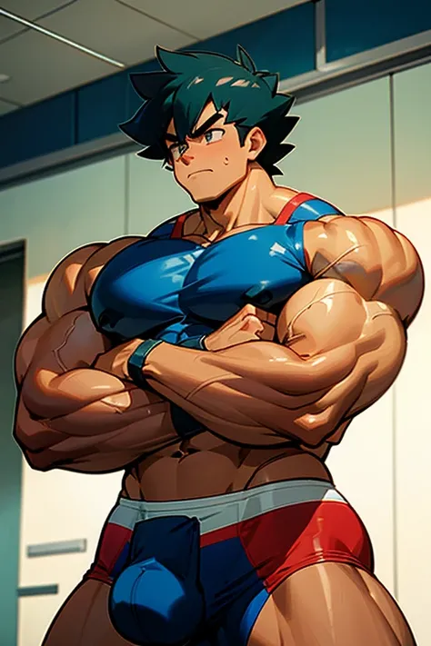 Ash Ketchum from Pokémon anime as a big dumb muscular bodybuilder jock in a locker room flexing and staring blankly as his eyes glow red under hypnosis with his mouth hanging open as he repeats, "Bigger... Dumber.... Must obey.... More like a jock bro ever...