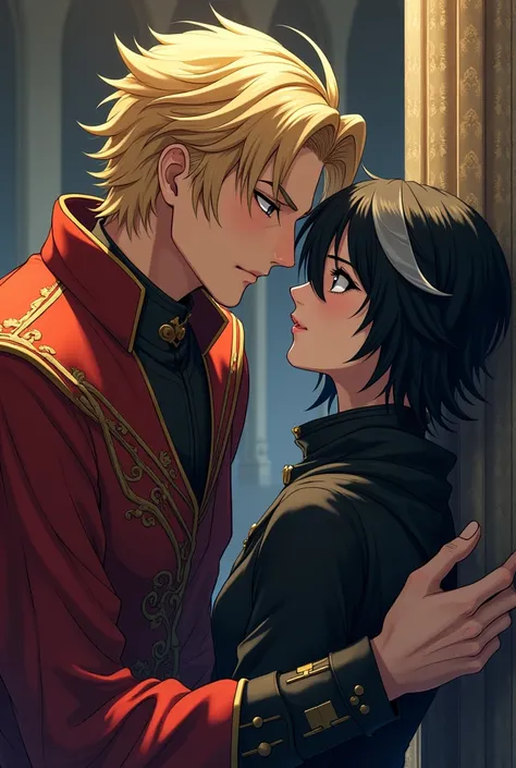  Anime animation A wizard in a kingdom who has black hair with a white streak, his slanted eyes, his androgynous body, his king intimidates him against the wall, very flirtatious, the king is blond and handsome with luxurious clothing