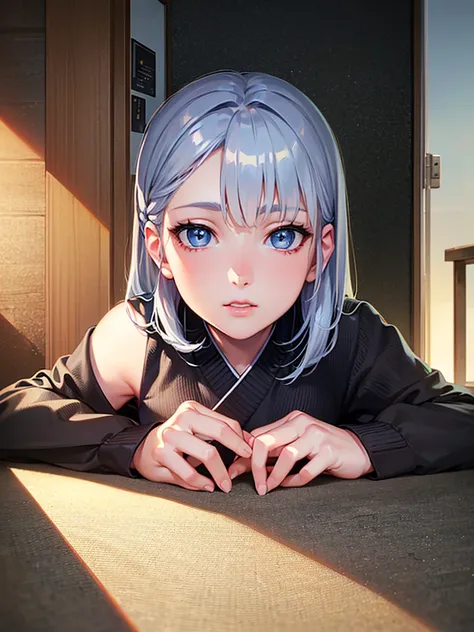 ((perfect anatomy:1.3,realistic:1.3,masterpiece、highest quality、Ultra - High resolution、High resolution、Highly detailed CG、8K)), 1girl, Silver hair, short hair, light blue eyes, 17years old beautiful girl, Japanese, drawn in the style of Japanese anime, pe...