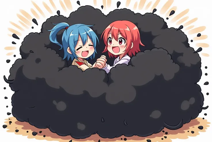 An anime-style illustration depicting idols playfully wrestling with each other inside a black comical fight cloud.
each idol has different  colored hair.
their faces,hands,and feet are visible emerging from the cloud as they tussle humorously,  with the r...