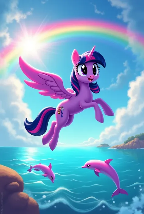 twilight sparkle flying over a crystal clear ocean with pink dolphins jumping and lots of more realistic hopecore style rainbows 