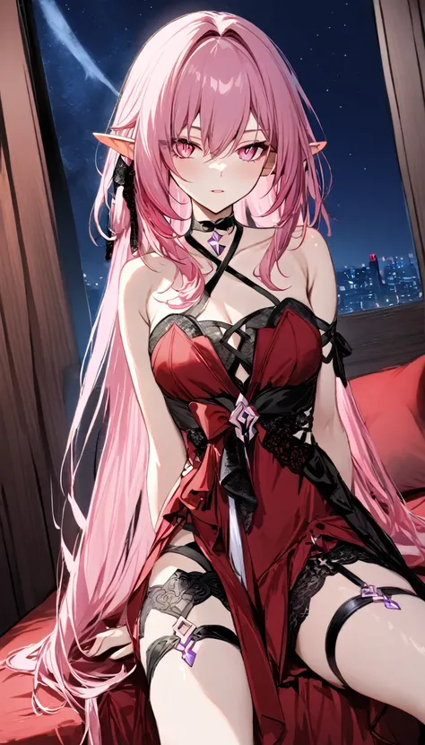 masterpiece, best quality, 1girl, solo, elysia \(herrscher of human:ego\) \(honkai impact\), pointed ears, elf, pink hair, pink ...