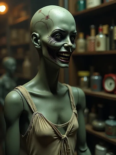 A photo of a horror mannequin in a close-up shot. The mannequin has a twisted face and is wearing a tattered outfit. The background is a retail store set in the 1950s, with wooden shelves and vintage items. The lighting is dim.