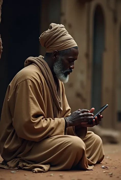 An African praying in front of his phone