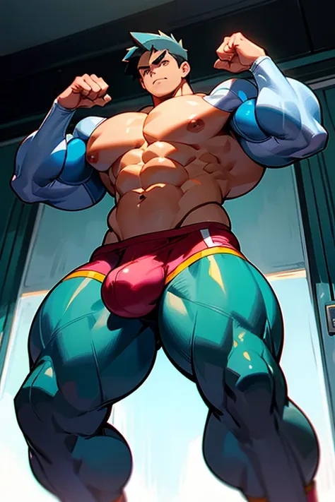 Ash Ketchum from Pokémon anime as a big dumb muscular bodybuilder jock in a locker room flexing and staring blankly as his eyes glow red under hypnosis with his mouth hanging open as he repeats, "Bigger... Dumber.... Must obey.... More like a jock bro ever...