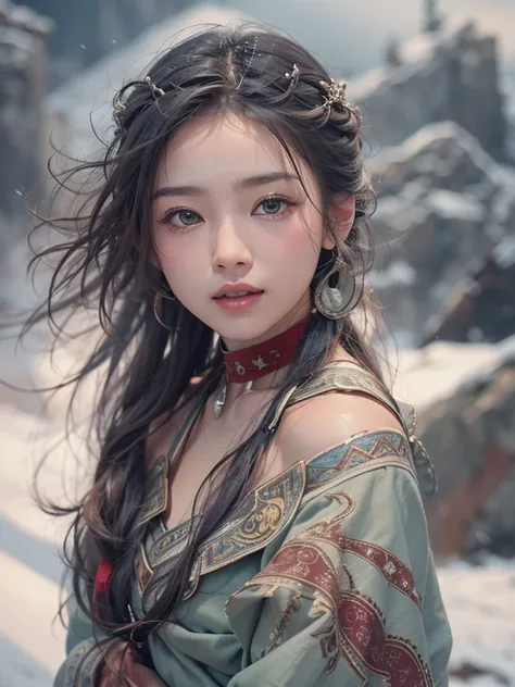 Hiding in the snowy mountains、Hair Flow、 ((Highest quality、masterpiece、8k、Best image quality、Ultra-high resolution、Award-winning works)、(Accurate anatomy:1.1)、(Look at me and smile:1.1)、Shining fair skin with Ultra-high resolution、The most detailed face、Ul...