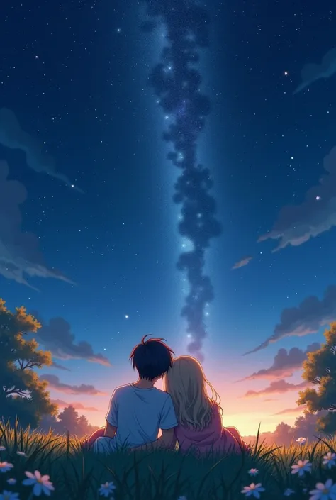 Make me a book poster of two anime couple lying in a grass watching the stars and constellation in a sweet romantic place at night