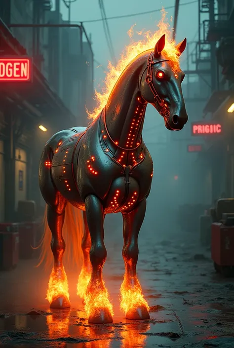 Headless horse with fire coming out of its neck, LEDs on the body, and a cyberpunk look