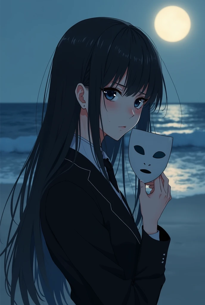 An anime style photo of a female character. she is on a beach at dawn, being illuminated by moonlight, she has white skin, eyes black, black tears coming out of his eyes and a blank expression on his face, looking at the waves of the sea. She is wearing a ...