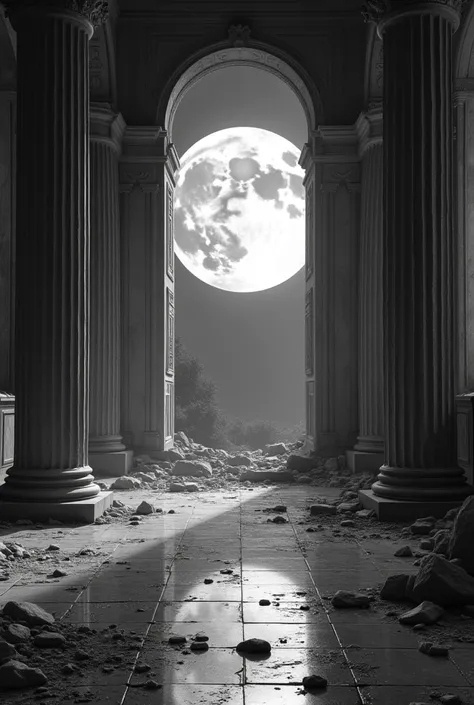 a large old living room in ruins, column destroy, with the moon reflecting on the marble floor, , a giant moon in the background of a huge open window, black and white tone