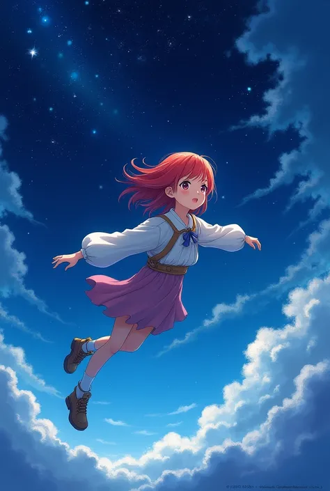 paining of a night sky, with flying anime short red haired flying 