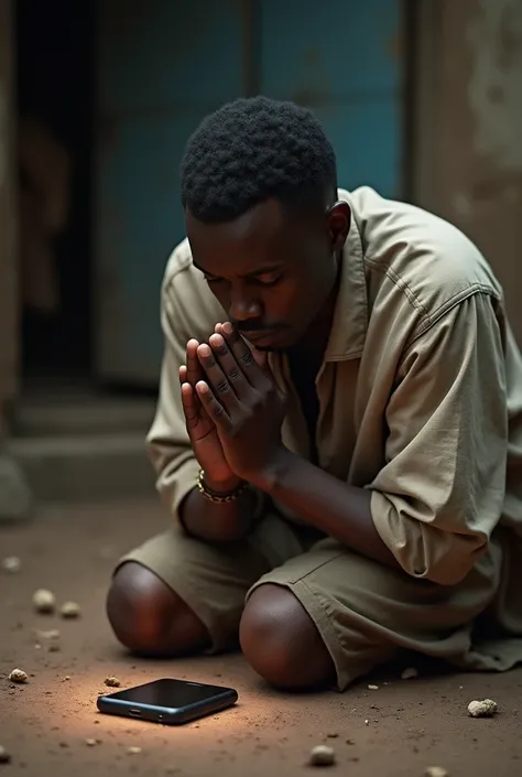 An African Christian praying in front of his phone