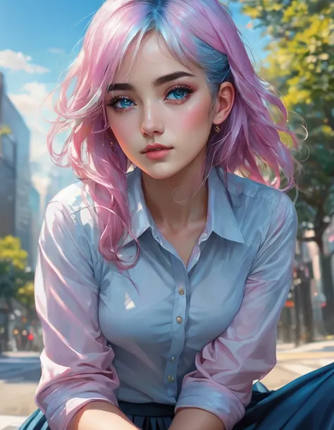 (detailed beautiful eyes and detailed face, masterpiece side light, masterpiece, Best quality, detailed, high resolution illustration), (1 girl, beautiful girl, Shiny skin), (Sky blue hair, Pink eyes, skirt, tape, button up shirt)(kneeling on the ground)