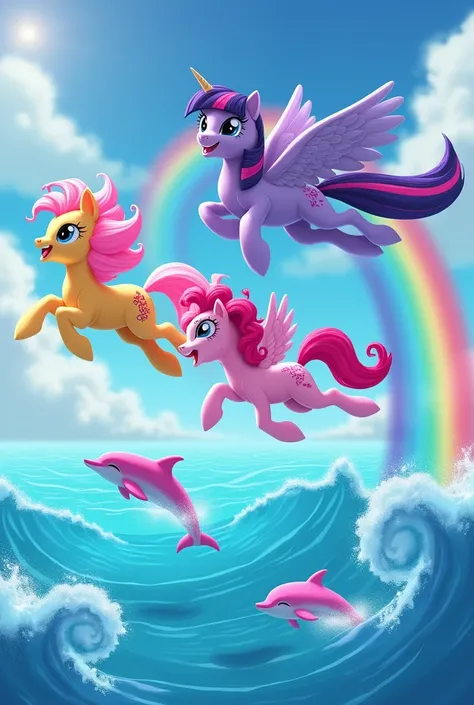 apple jack y rarity, twilight sparkle and pinkie pie flying over a crystal clear ocean with pink dolphins jumping and lots of rainbows in a more realistic, hyper realistic, hopecore style photos in the style of a symphony meme  