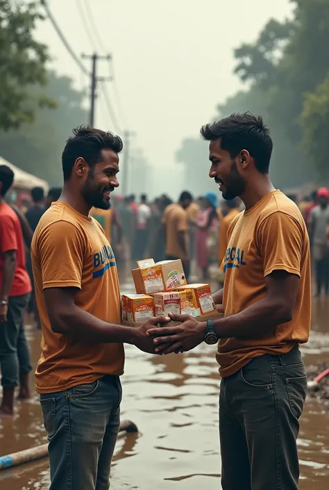 A picture of a social organisation where "Special Fifty" will be written and in background 2 man are giving food on flood area

