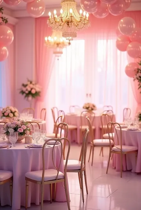 Photo of a butterfly themed party with pastel pink main color. The image should show fancy round tables with chairs where guests will sit., with decorative chandeliers and pastel pink balloons in the background."