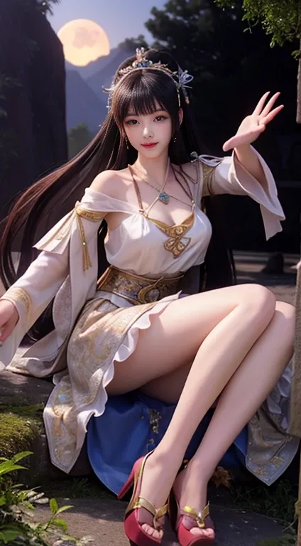 Moonlight的风景，A unique ancient costume goddess。Her gorgeous outfit sparkles，The skirt flutters in the breeze，It looks elegant and dynamic。Her eyes were full of amusement，As if blending into this peaceful nature。

The fashion goddess was wearing a pair of st...