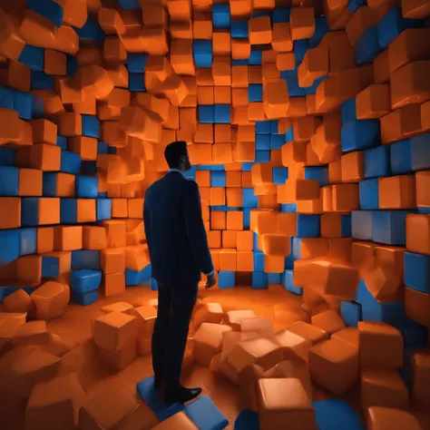 Make a 4k room that has blue cubes in different shades and that makes orange light between them and that there is a person observing between the cubes how some cubes come off the wall and that from it A humanoid hand comes out, and it is the cause of the c...