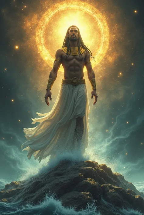 Create an image of Atum, the primordial Egyptian god, emerging from the chaotic waters in Egyptian mythology. He should be depicted as a powerful, majestic figure standing on a primordial hill, with a serene and commanding presence. The scene should captur...