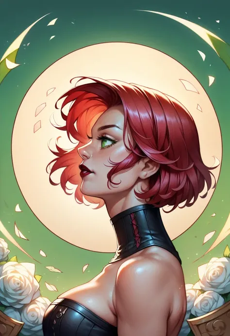 (high-level image quality), (high quality), (high resolution), (detailed), (masterpiece), beautiful woman, ((caucasian)), green eyes, red hair, short hair, dark red lipstick, perfect eyes, Detailed face, black shorts, malicious face, corset, side view