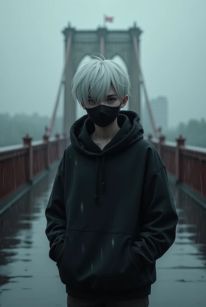 Black Mask, hoodie,cute,rain,sad, white hair,boy, bridge