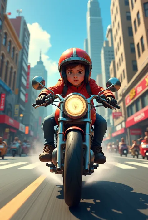 Boy running errands on a motorcycle at speed and wearing a helmet
