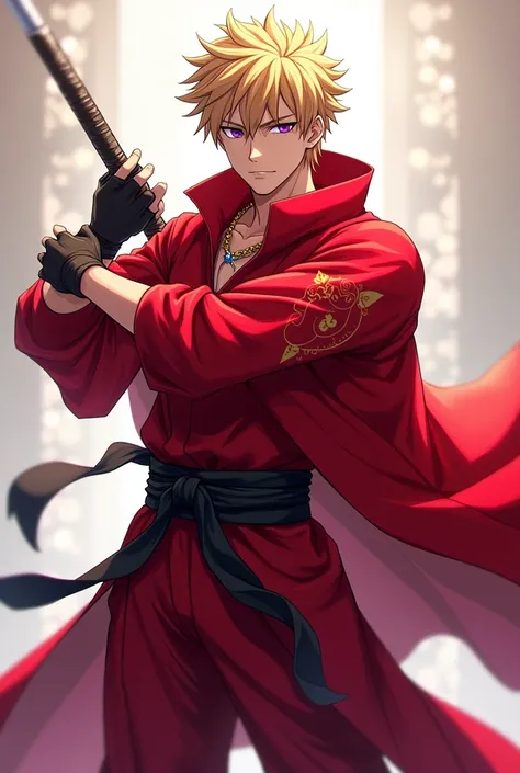 Wearing a red ninja outfit. Purple eyes and medium muscle mass. Blonde haired anime guy holding a long sword