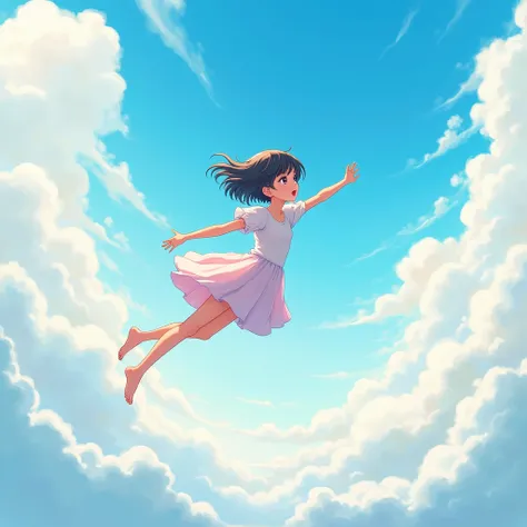 painting of the sky with flying short haired anime girl 