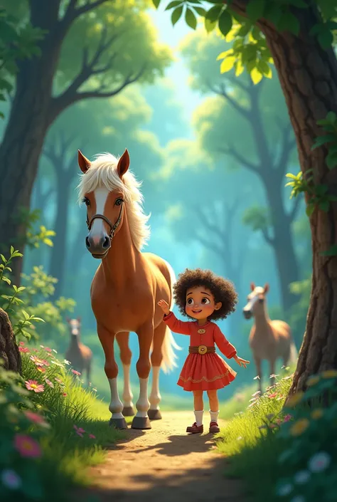 Image of a girl came horse whith guadians in forest for a story in a YouTube video in Pixar format, Hes the little allabester, Hes the class leader, Hes outgoing, Playful and gets up for a lot of things, cabelo curto