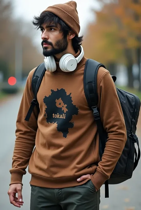 30 year old Asian short man, wavy hair, slight beard, wearing a brown beanie, white gamer headphones around his neck, wearing a brown sweater with a black Celebes map  pattern, "TOKAILI" letter on it, view from 3/4, bring camera, carrying a backpacker bag,...