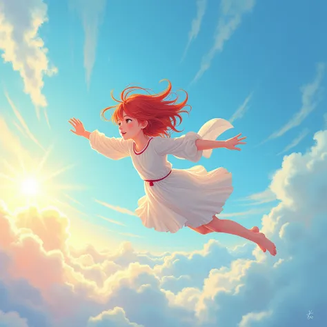 painting of the sky with flying short red haired anime girl 