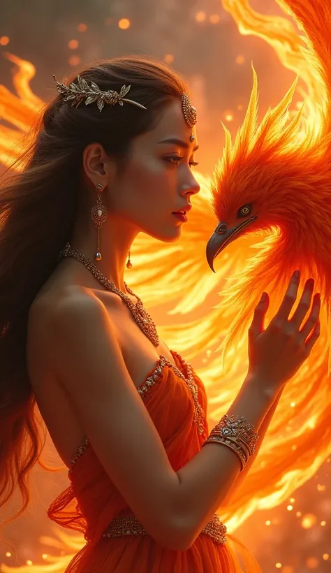 a beautiful girl fighting a phoenix, 1girl, detailed face, detailed eyes, detailed lips, detailed nose, long eyelashes, gorgeous flowing hair, intricate ornate jewelry, phoenix with detailed feathers and wings, phoenix in fiery red and orange flames, cinem...