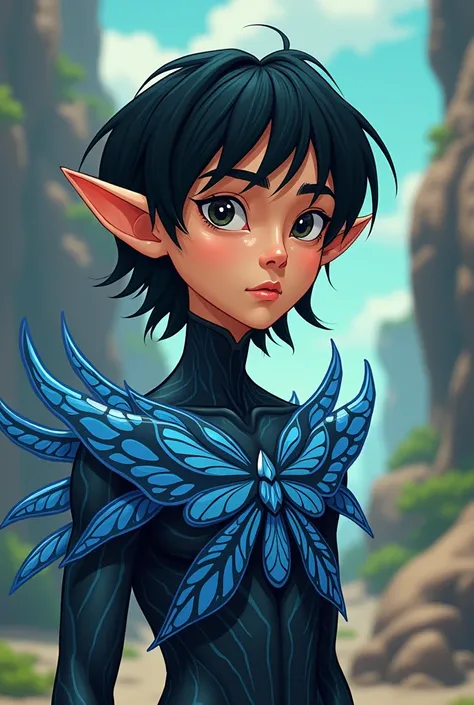 create an image of a young elf man, with medium black hair, and blue and black pupae in which one of the shoulders appears and made in the style of the Cartoon Network cartoons from the 90s and 2000s