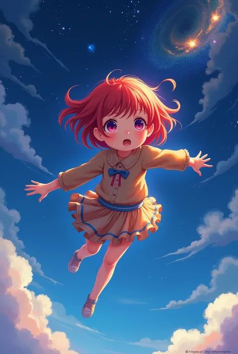 painting of the night sky with flying short red haired anime girl 