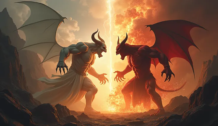 devil fightint vs god with 8k resolution and look realistic like they fight in the earth