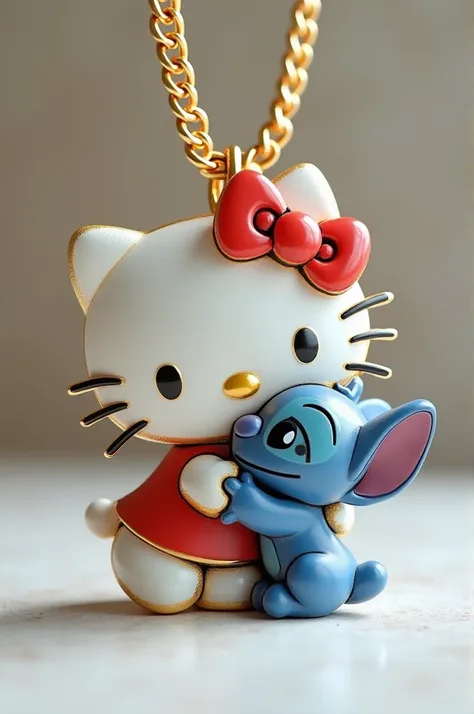 Custom jewelry style Cuban chain in the shape of Hello Kitty hugging Stitch facing forward.