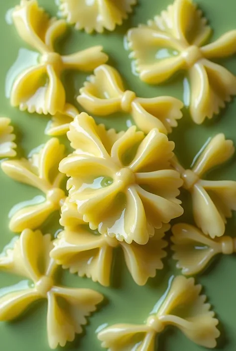 bow shaped pasta image, with green colors, red and white bathed in panna sauce with focus from above